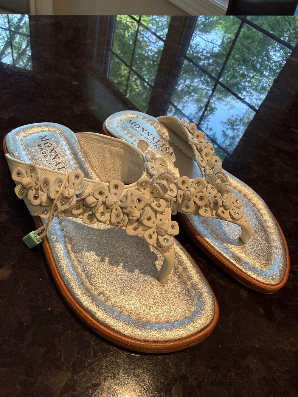 MonnaLisa Ivory Floral Embellished Toe-Post Sandals